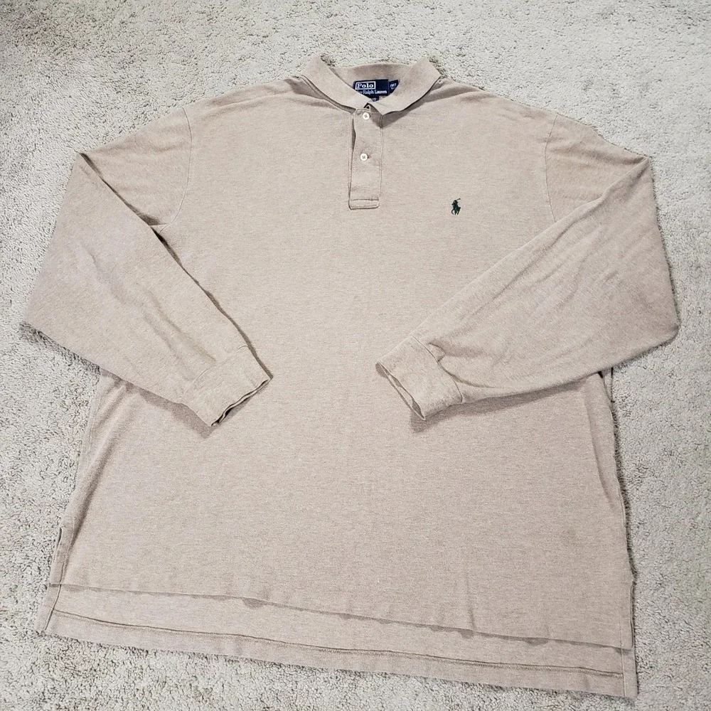 Ralph Lauren Mens 2XLT Tall Tan Green Pony Long Sleeve Pique Polo Shirt